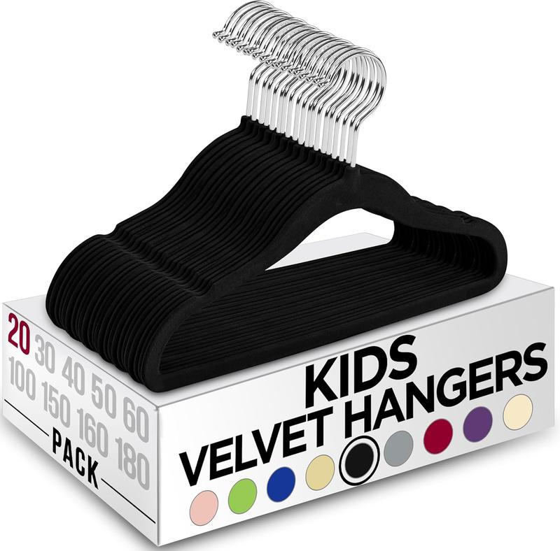 Kids Hangers Velvet (20 Pack) - 11 Inch Durable Baby Hangers for Closet - Perfect Toddler Hangers Non Slip for Everyday Use (Black)