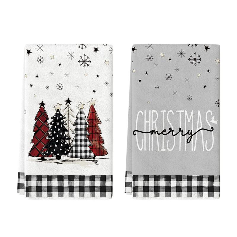 Buffalo Plaid Xmas Tree Merry Christmas Kitchen Towels Dish Towels, 18x26 Inch Snowflakes Winter Room Funky Home Decoration Hand Towels Set of 2