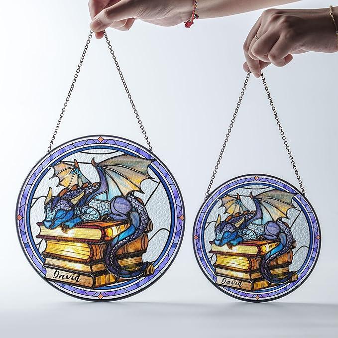 Custom Book Dragon Suncatcher Ornament, Fantasy Dragon Stained Glass Window Hanging, Hanging Art Decoration, Bookish Home Decoration Hangable