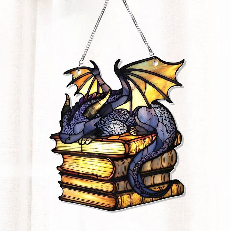 Book Dragon Suncatcher Ornament, Fantasy Dragon Acrylic Window Hanging, Dragon Wall Window Hanging Art Decoration, Bookish Home Decor