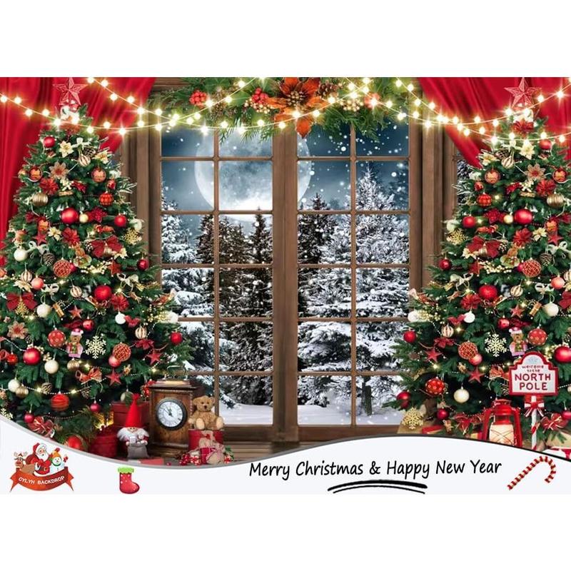 7x5ft Christmas Backdrop Xmas Window Photography Backdrop Winter Dream Wonderland Snow Tree Red Curtain Christmas Festival Party Banner Backdrop