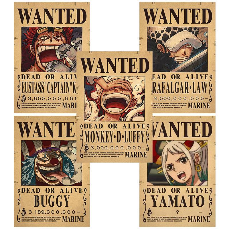 17pcs Anime Wanted Posters  Bounty Anime Luffy Gear 5 4 emperadores Law Kid Figures Vintage Living Room Wall Decoration Stickers