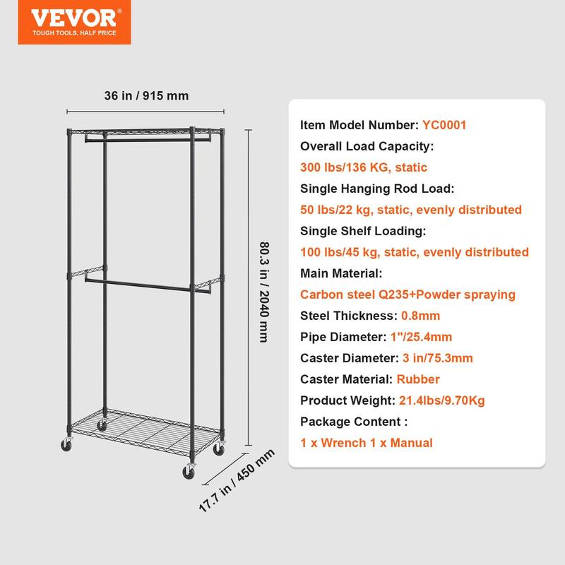 VEVOR Heavy Duty Clothes Rack, Double Hanging Rods Clothing Garment Rack with Bottom and Top Storage Tier, Rolling Clothing Rack for Hanging Clothes, 1'' Diameter Thicken Steel Tube Hold Up to 300Lbs Accessories Laundry