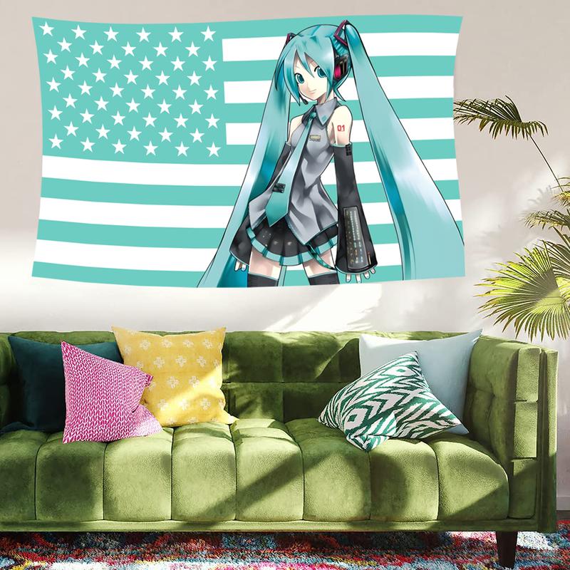 Anime Hatsune Miku Flag Funny Banner Tapestry Flag Suitable for Wall Decoration College Dormitory Indoor Outdoor Party Decoration Durable Room Decoration 3*5FT