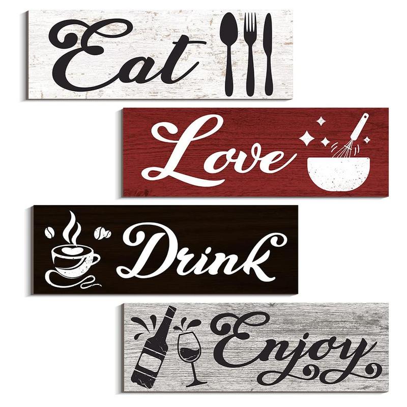 Wooden Letter Pattern Hanging Sign, 4pcs set Eat Drink Love Enjoy Wood Sign Plaque, Farmhouse Wall Decor for Kitchen Dining Room Bar Cafe