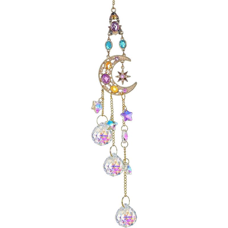 Handmade Crystal Moon&Star Prisms Suncatchers, Glass Window Hanging Ornament, Rainbow Rhinestones Decor for Home Garden