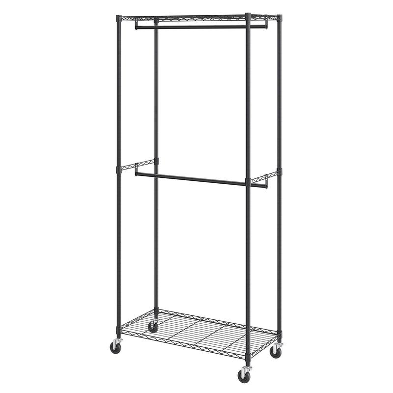 VEVOR Heavy Duty Clothes Rack, Double Hanging Rods Clothing Garment Rack with Bottom and Top Storage Tier, Rolling Clothing Rack for Hanging Clothes, 1'' Diameter Thicken Steel Tube Hold Up to 300Lbs Accessories Laundry