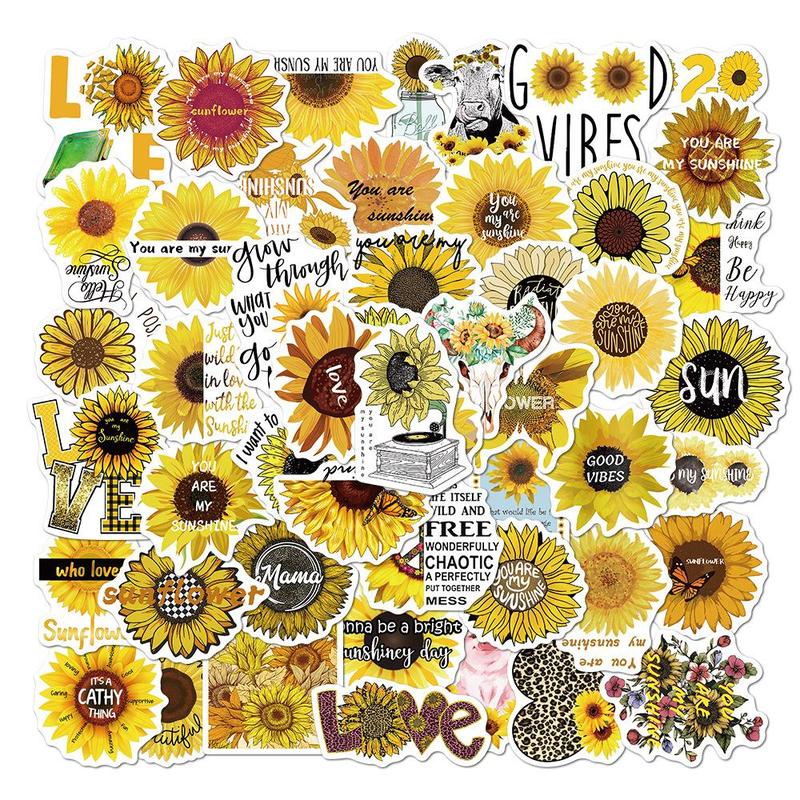 50pcs Sunflower Series Pattern Stickers, Waterproof Decorative Stickers, DIY Decals For Water Bottle, Laptop, Phone Case, Scrapbooking, Journal Making