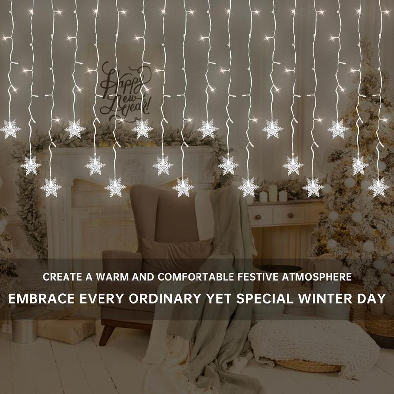 Snowflake Design Curtain Light, USB Powered 8-modes Snowflake Fairy Icicle Light, Decorative Light for Wedding Party Birthday Home Garden