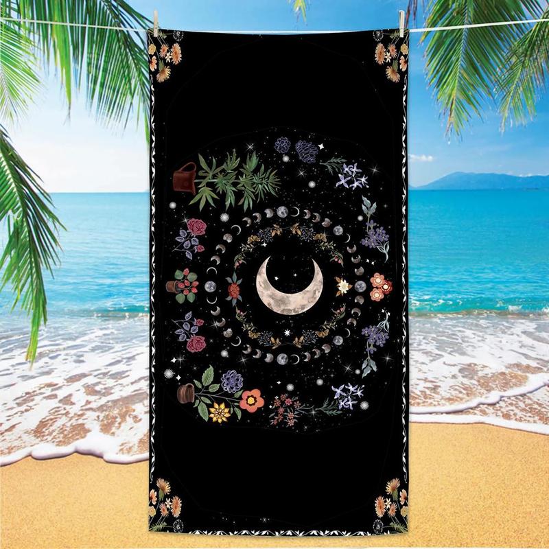 Moon & Flower Print Beach Towel, Beach Blanket, Mat, Bohemian Style Pool Towel, Lightweight Absorption Towel for Beach Vacation Camping, Beach Trip, Travel Essentials, Vacation Sets, Gifts