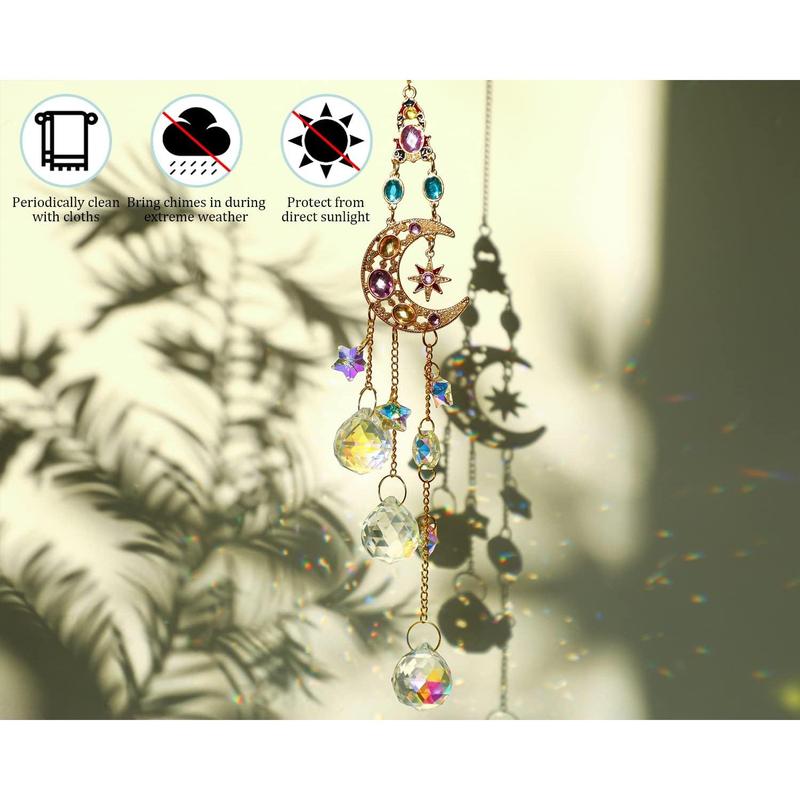 Handmade Crystal Moon&Star Prisms Suncatchers, Glass Window Hanging Ornament, Rainbow Rhinestones Decor for Home Garden