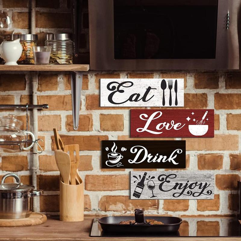 Wooden Letter Pattern Hanging Sign, 4pcs set Eat Drink Love Enjoy Wood Sign Plaque, Farmhouse Wall Decor for Kitchen Dining Room Bar Cafe