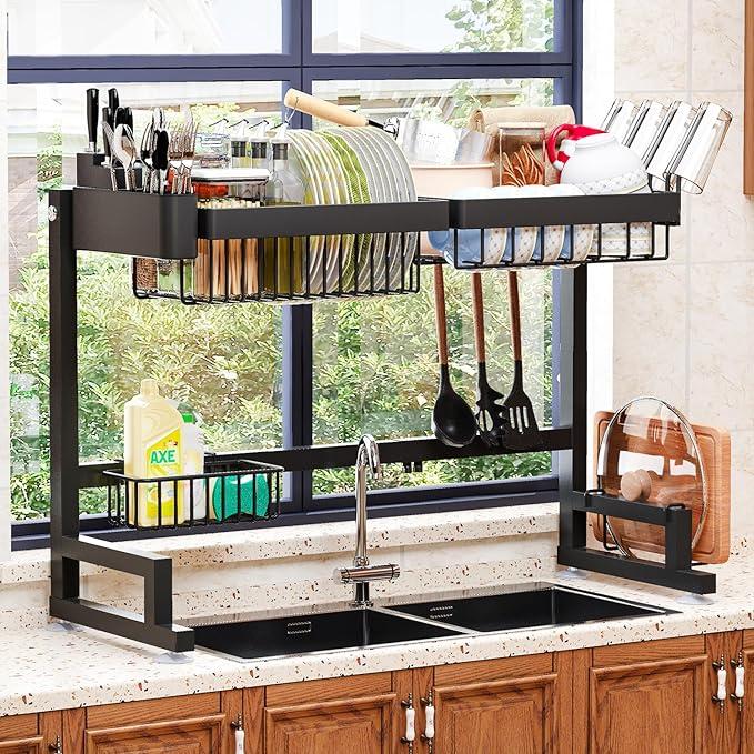 Snap-On Over Sink Dish Drying Rack, Expandable Height Length, Large Drainer Storage Counter Organizer, 24