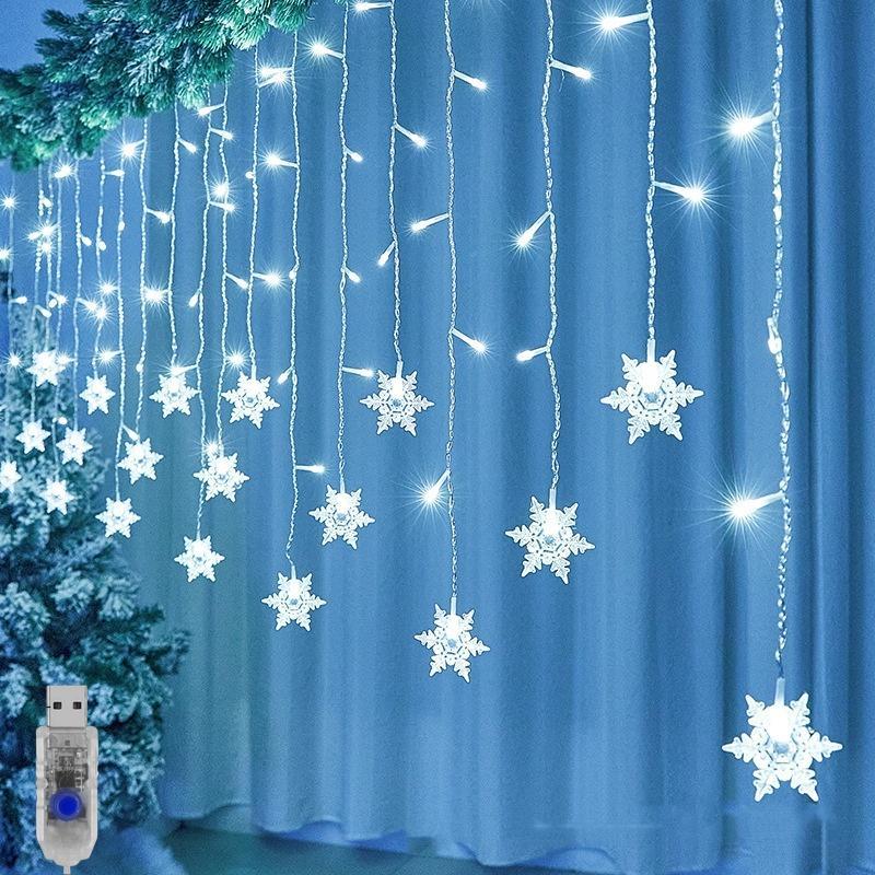 Snowflake Design Curtain Light, USB Powered 8-modes Snowflake Fairy Icicle Light, Decorative Light for Wedding Party Birthday Home Garden