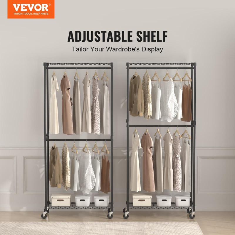 VEVOR Heavy Duty Clothes Rack, Double Hanging Rods Clothing Garment Rack with Bottom and Top Storage Tier, Rolling Clothing Rack for Hanging Clothes, 1'' Diameter Thicken Steel Tube Hold Up to 300Lbs Accessories Laundry