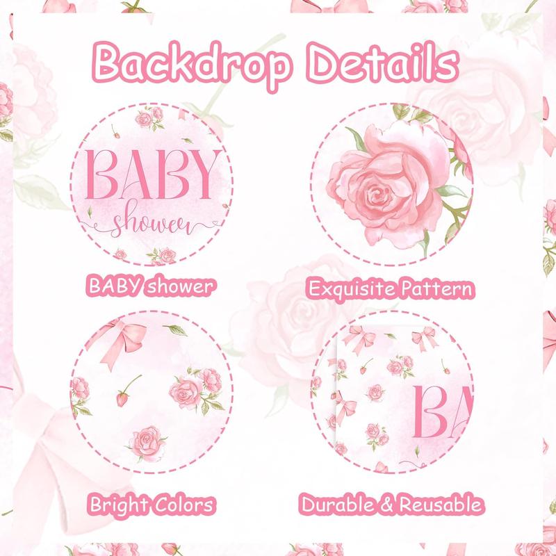 77Pcs Pink Bow Baby Shower Party Decorations Bow Garland Arch Kit Pink Flowers Photography Backdrop Banner Pink Bow Foil Balloon for Baby Girls Party Decorations Baby Shower Party Supplies