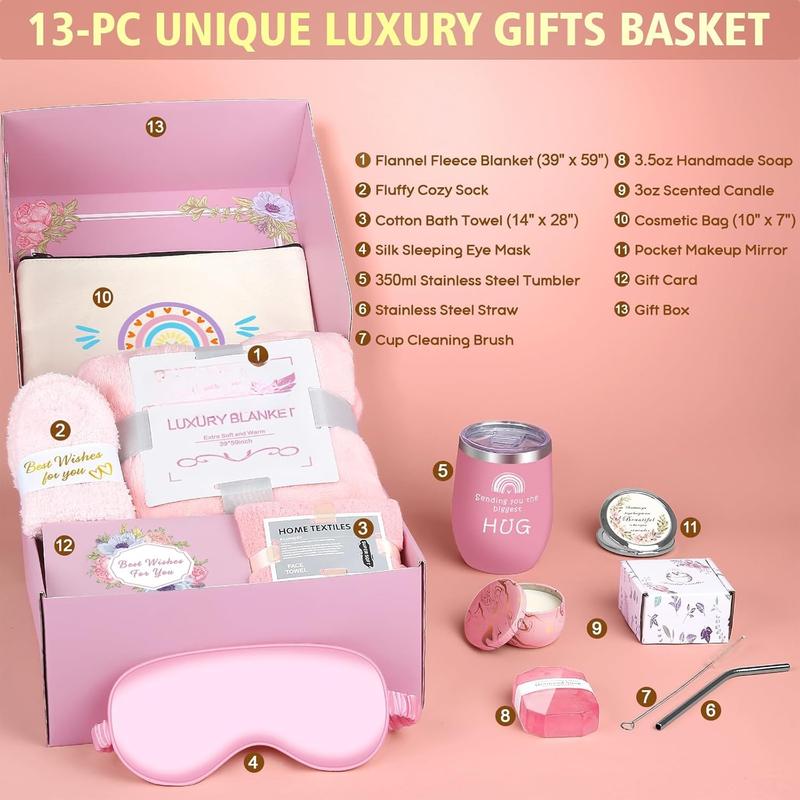 Friend Birthday Gifts for Women Friendship, Get Well Soon Gift Basket,  Self Care Package Kit, Feel Better Gift Set, Anniversary Retirement Thinking of You Gift Box for Mom Sister Wife, Pink