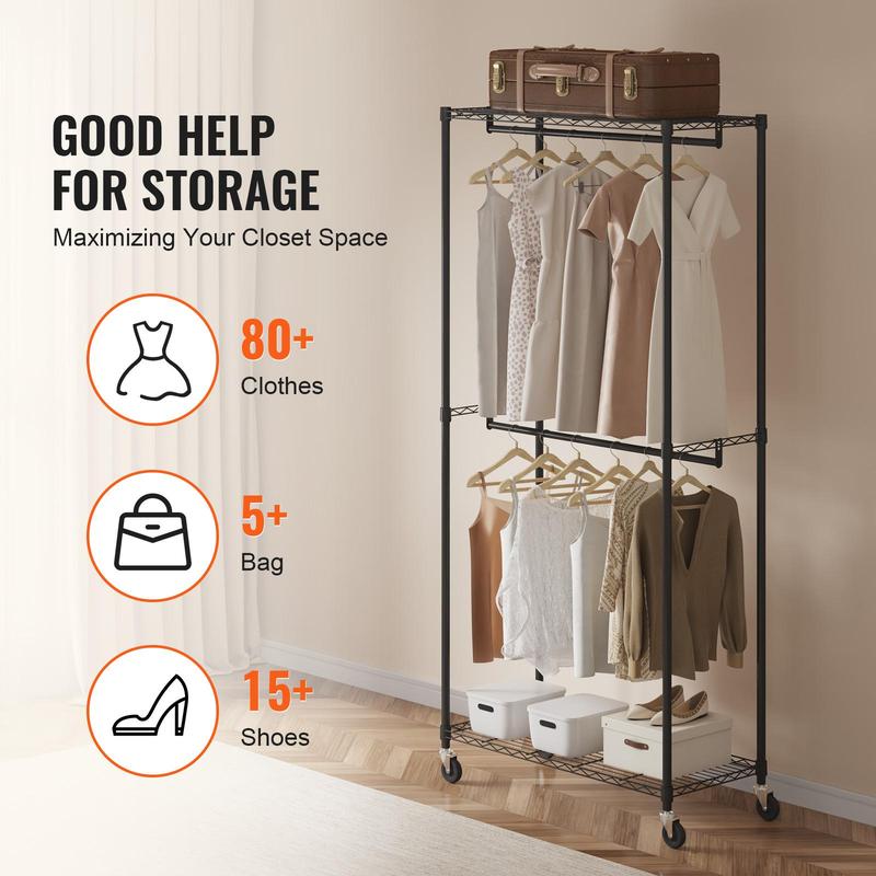 VEVOR Heavy Duty Clothes Rack, Double Hanging Rods Clothing Garment Rack with Bottom and Top Storage Tier, Rolling Clothing Rack for Hanging Clothes, 1'' Diameter Thicken Steel Tube Hold Up to 300Lbs Accessories Laundry