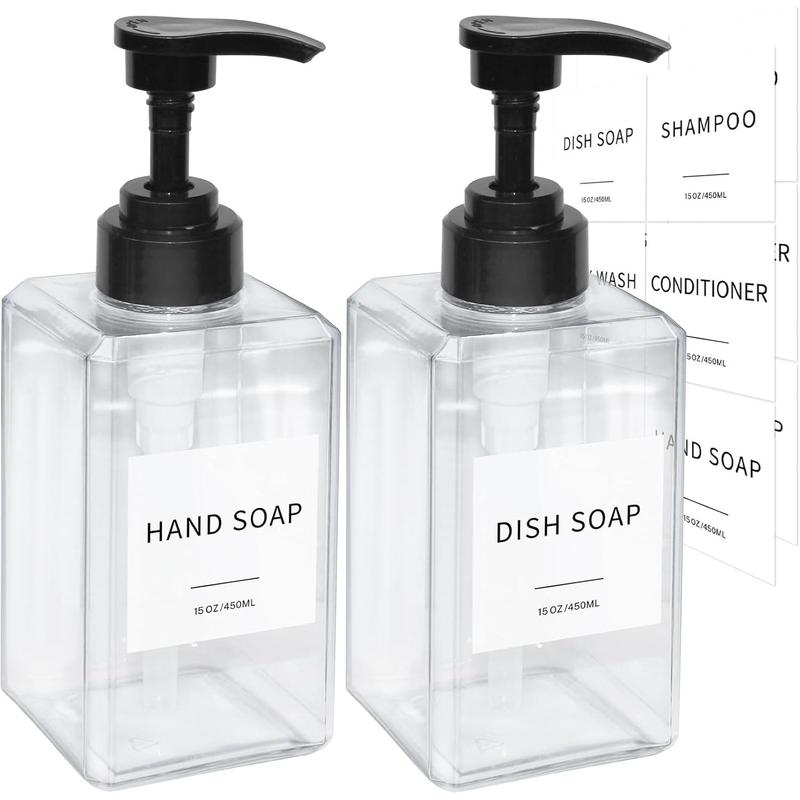 Clear Soap Dispenser with Waterproof Labels, Plastic Hand Soap Dispenser for Bathroom, Thickened Plastic Dish Soap Dispenser, Shampoo and Conditioner