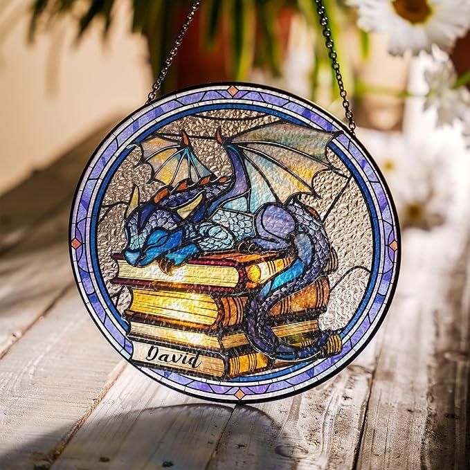 Custom Book Dragon Suncatcher Ornament, Fantasy Dragon Stained Glass Window Hanging, Hanging Art Decoration, Bookish Home Decoration Hangable