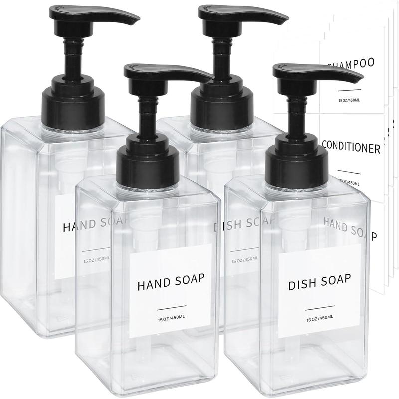 Clear Soap Dispenser with Waterproof Labels, Plastic Hand Soap Dispenser for Bathroom, Thickened Plastic Dish Soap Dispenser, Shampoo and Conditioner