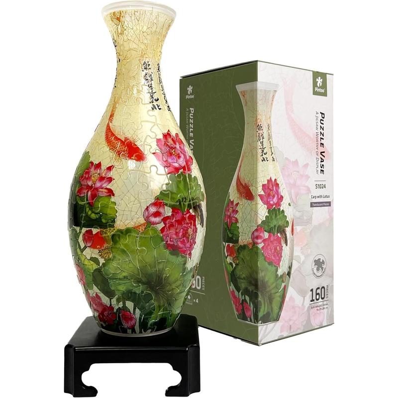 Pintoo 3D Puzzle Vase Unique Flower Vase Made by 160 Curved Plastic Puzzle Pieces House Warming Gift for Flower Arrangements and Home Decoration - [S1024] (Translucent, Carp with Lotus)