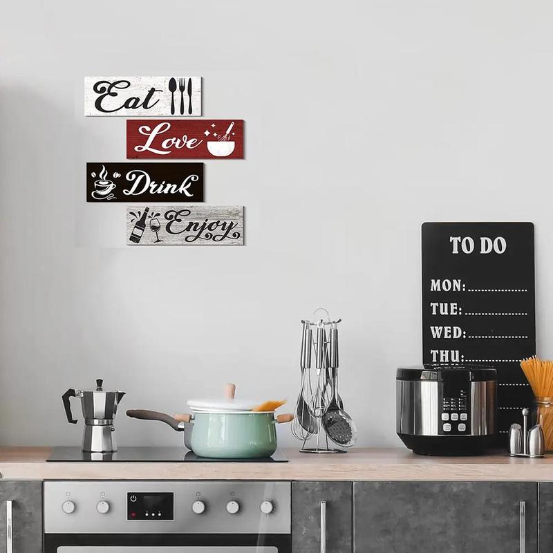 Wooden Letter Pattern Hanging Sign, 4pcs set Eat Drink Love Enjoy Wood Sign Plaque, Farmhouse Wall Decor for Kitchen Dining Room Bar Cafe