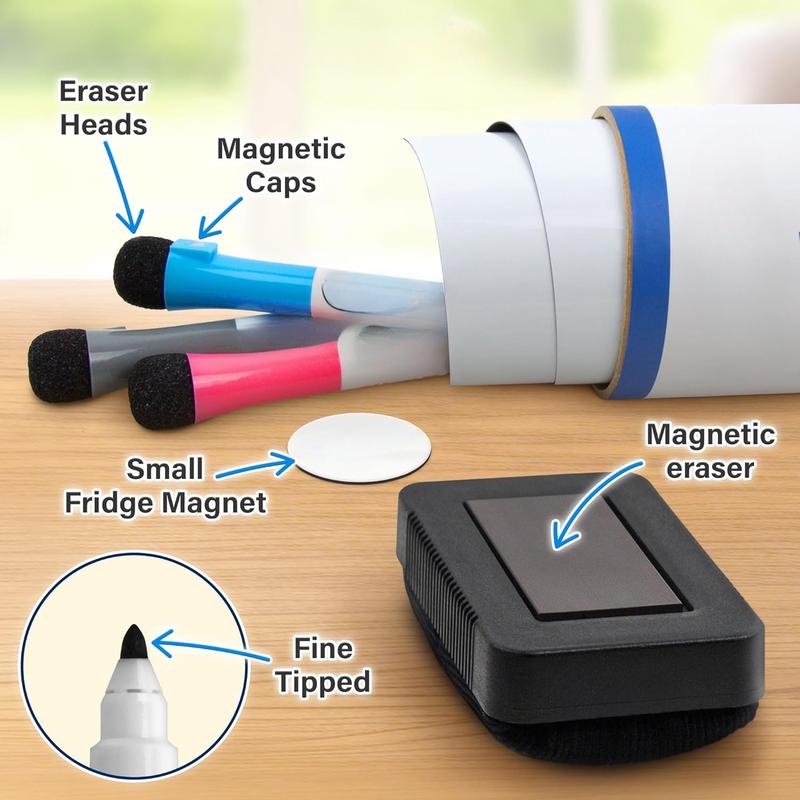 Magnetic dry-erase whiteboard, for refrigerator 19x13 inches, with stain-resistant technology, including 3 fine tip markers and large eraser with magnet, refrigerator whiteboard planner