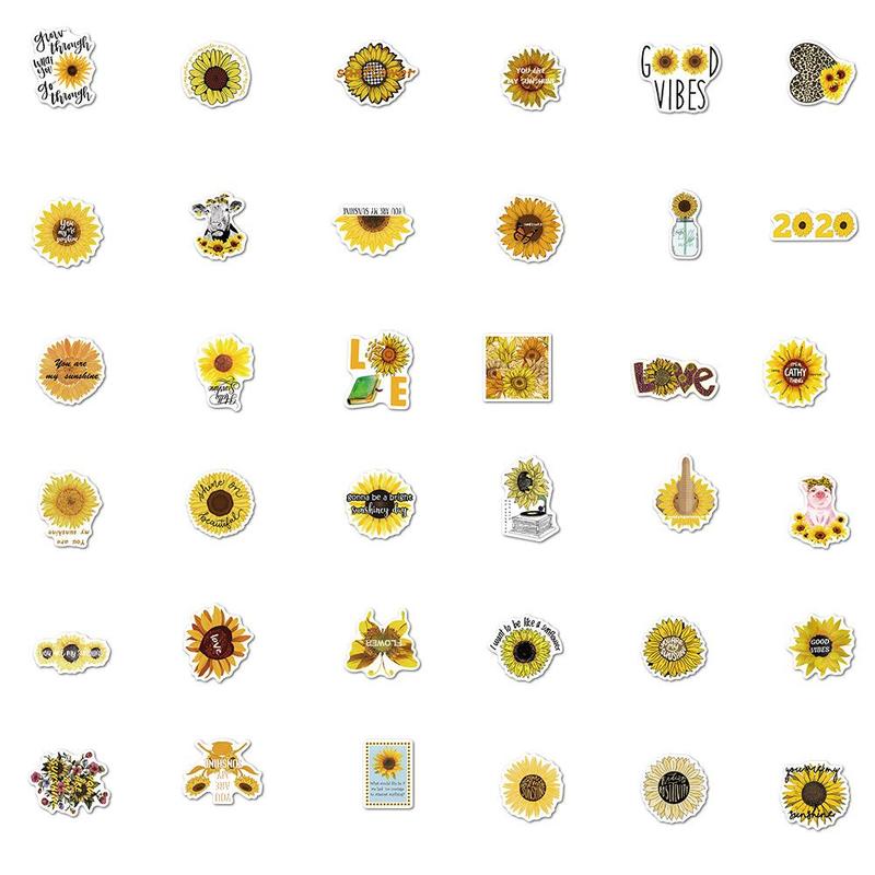 50pcs Sunflower Series Pattern Stickers, Waterproof Decorative Stickers, DIY Decals For Water Bottle, Laptop, Phone Case, Scrapbooking, Journal Making