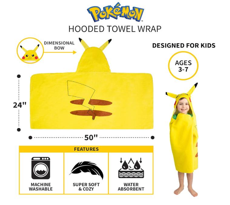 Pokemon Pikachu Bath Pool Beach Soft Cotton Terry Hooded Towel Wrap, 24