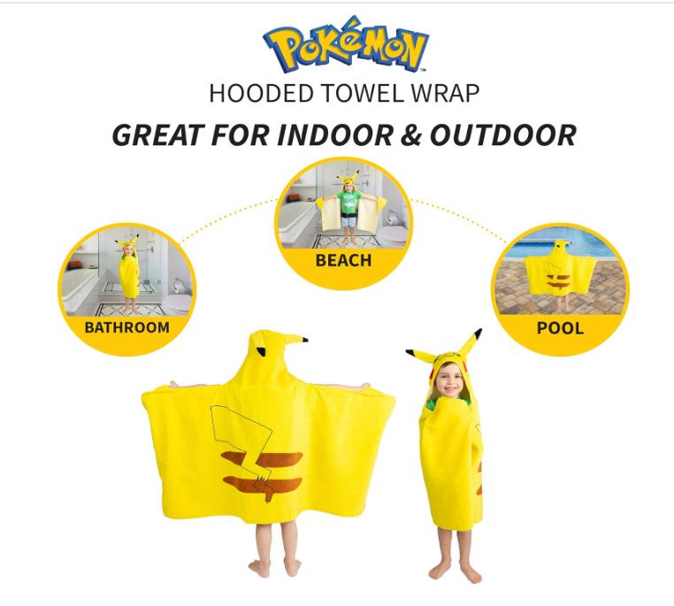 Pokemon Pikachu Bath Pool Beach Soft Cotton Terry Hooded Towel Wrap, 24