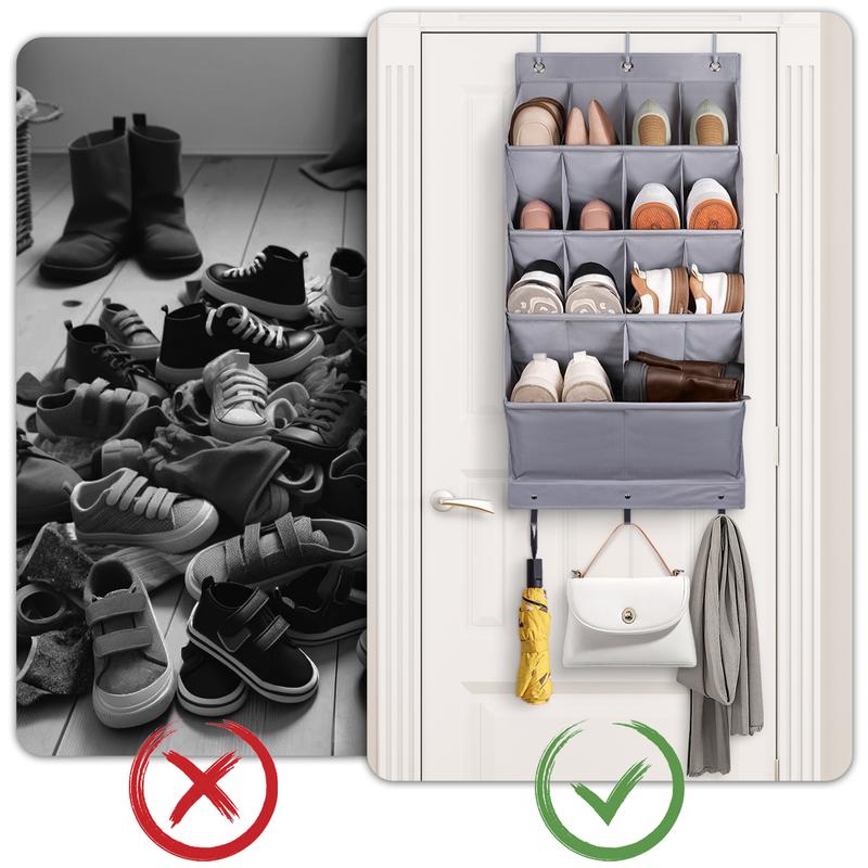 2 Pack Over the Door Shoe Organizer, Hanging Pantry Organizer, Storage Rack For Closet,12 Large Pockets and 2 Larger Storage Various Compartments with 6 Hooks, Home Accessories, Grey door shoe