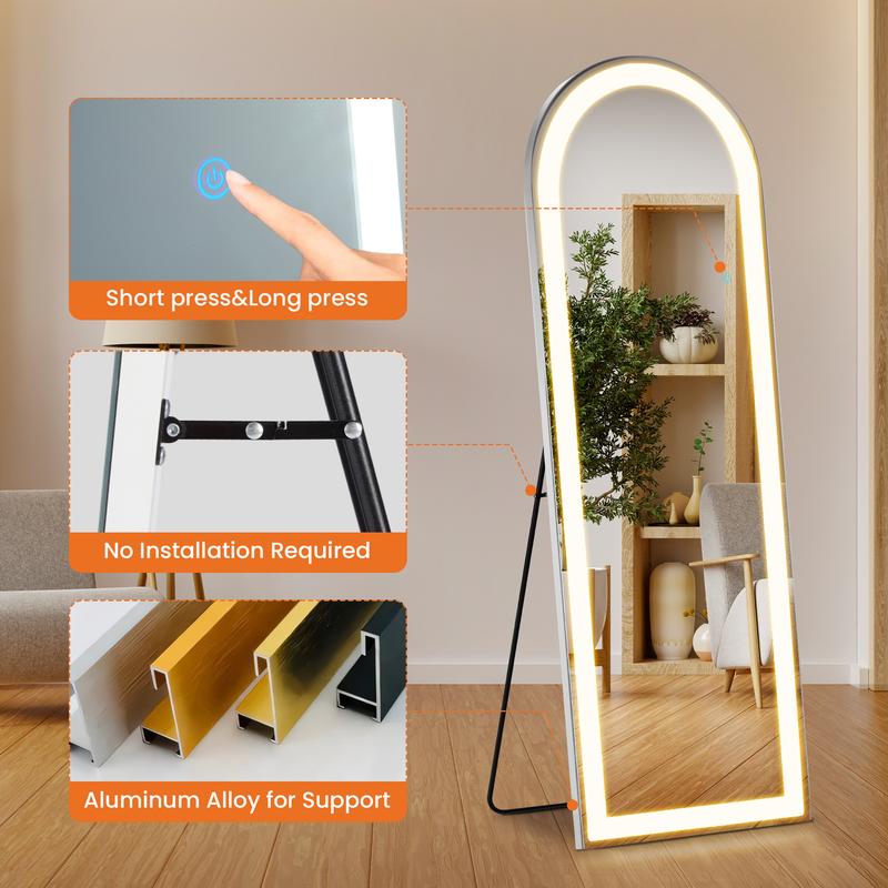 LED Full Length Standing Mirror with Dimming & 3 Color Lighting, Lighted Floor Mirror with Aluminum Alloy Thin Frame, Wall Mirror with Stand Decor