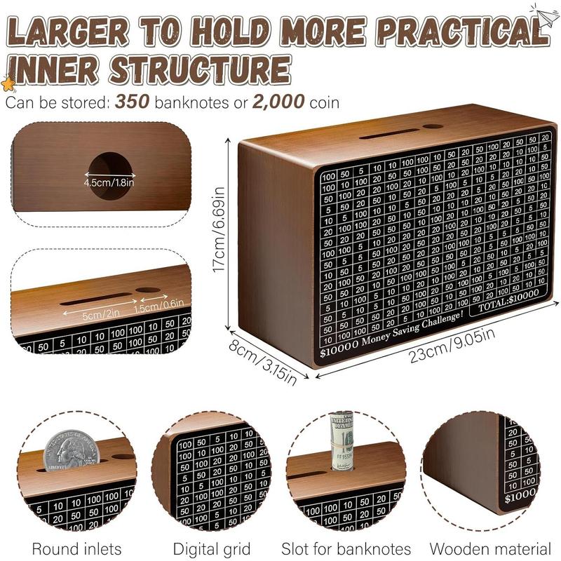 Wooden Money Saving Box, Cash Savings Box for $10000 $5000 $3000 Target Money Saving Challenge, Reusable Money Box with Counter, Cash Vault Bank with Dry Erase Pen Savings Trackers Rubber Band-Brown