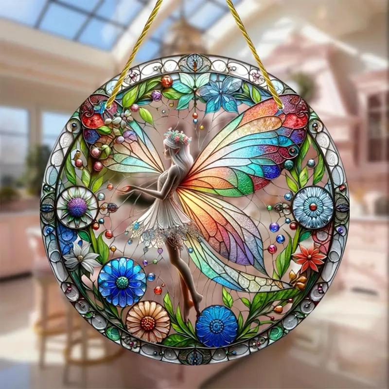 Butterfly Fairy Pattern Acrylic Disc Decoration, 1 Count Round Hanging Decoration, Festive Decorations for Home Farmhouse Indoor Outdoor Wall Garden Party