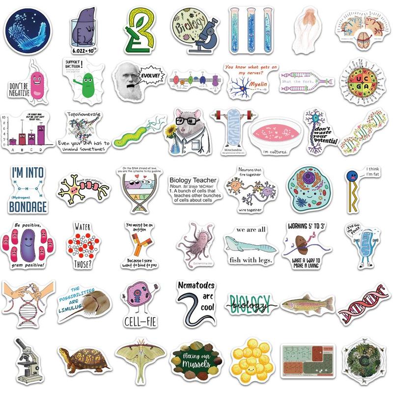 Biology Themed Sticker, 50pcs set Cartoon Genes Pattern Decorative Sticker, DIY Decals for Water Bottle, Laptop, Phone Case, Scrapbooking, Journal Making