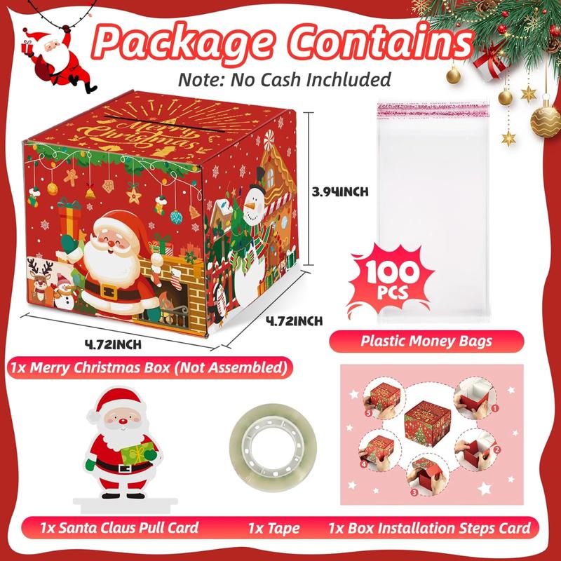 100Pcs Christmas Money Box for Cash Gift Pull - Christmas Surprise Money Gift Box for Boys Girls - DIY Money Pull Box with Transparent Bags - Best Gift for Kids Adults - Red