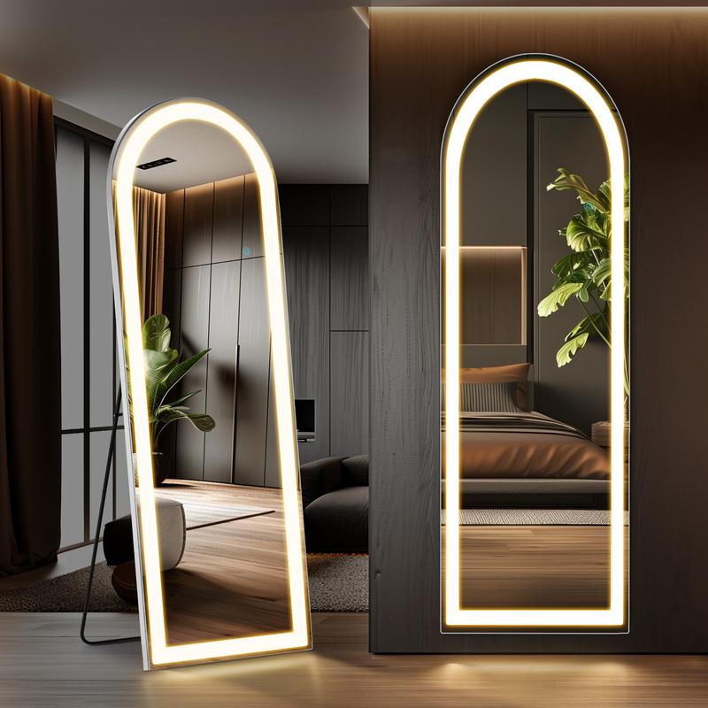 LED Full Length Standing Mirror with Dimming & 3 Color Lighting, Lighted Floor Mirror with Aluminum Alloy Thin Frame, Wall Mirror with Stand Decor