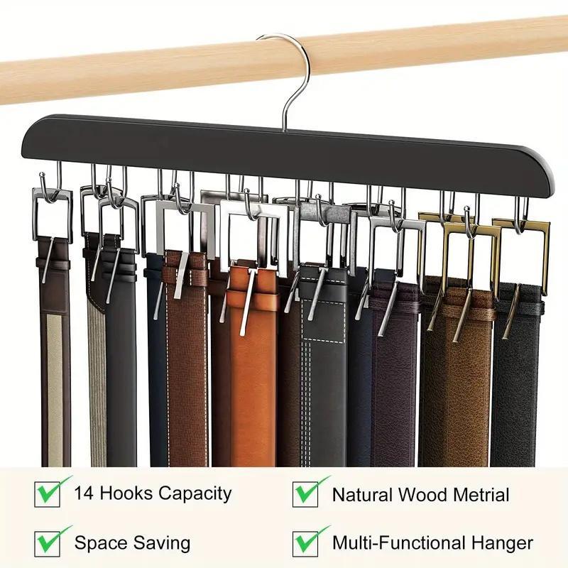 Wooden Belt Hanger with 14pcs Hooks, 1 Count Space Saving Multi-functional Clothes Ties Scarves Organizer, Closet Storage for Home Dormitory Bathroom