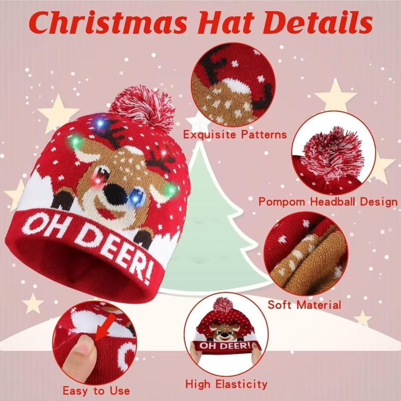 Light Up Christmas Hat, Christmas Knitted Beanie Hat, Cute Cartoon Design Xmas Knit Cap With 6 Colorful LED Lights 4pcs