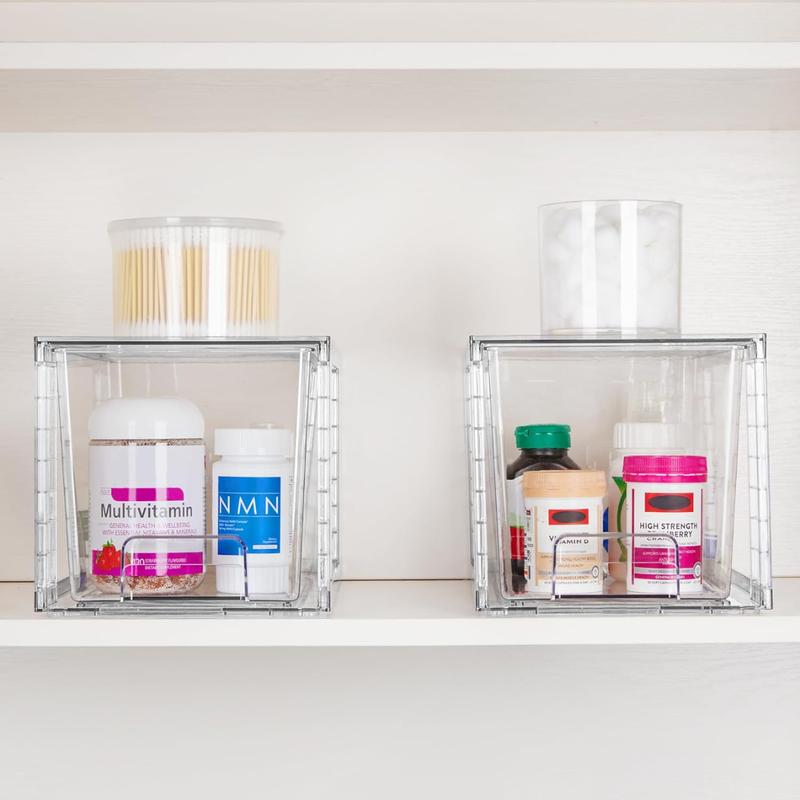 4-pack large clear acrylic stackable storage drawers with handles, perfect for organizing bathrooms, kitchens, cabinets, and more.