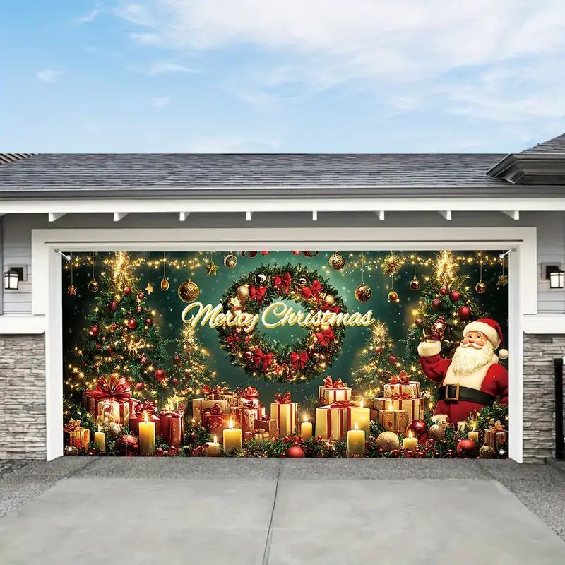 Christmas Themed Garage Door Cover, 1 Count Merry Christmas Letter & Gift Box Pattern Garage Door Banner, Outdoor Holiday Decoration for Home Garden