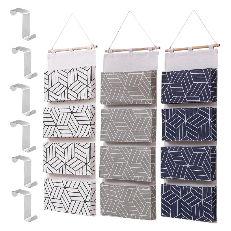 3Pcs 4 Big Pockets Over Door Hanging Storage Bags,Waterproof Linen Cotton Fabric Multi Functional Living Room Bedroom Bathroom Free 6 Hooks (3Pack)