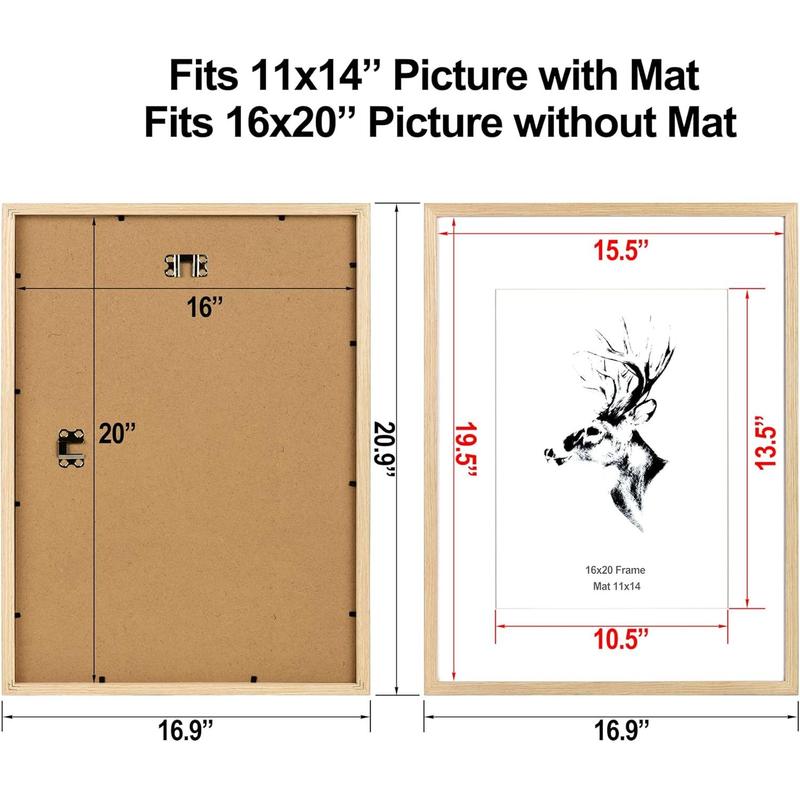 16x20 Picture Frame Matted to 11x14 Set of 2, Solid Oak Wood Poster Frame 16 x 20 inches, Wall Gallery Photo Frames for Horizontal and Vertical Wall Mounted (2 pack, Oak)