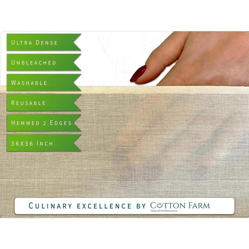 Cotton Farm Grade 100 XL Cheese Cloths - Straining & More; 36X36 Inch; 100% Unbleached Cotton Cheesecloth; Reusable with Hemmed 2 Edges; Ultra-Dense (The Finest) Butter Muslin