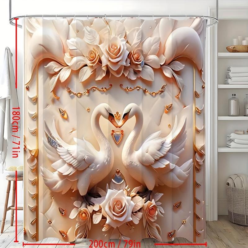 1pcs 3D Swan Embossed Pearl Print Creative Shower Curtain Set, Decorative Bathroom Set including Waterproof Shower Curtain, and 12 Plastic Hooks, Bathroom Accessories, Home Decoration