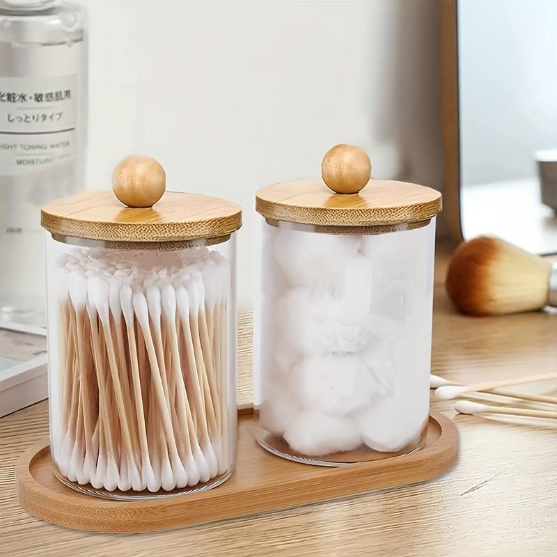 Cotton Swab Holder Dispenser with Bamboo Lid & Tray, 10oz Clear Bathroom Storage Jar, Vanity Storage Organizer for Cotton Swab, Ball, Pads, Floss