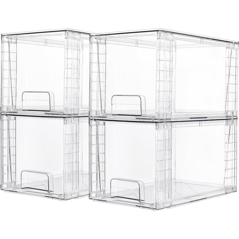 4-pack large clear acrylic stackable storage drawers with handles, perfect for organizing bathrooms, kitchens, cabinets, and more.