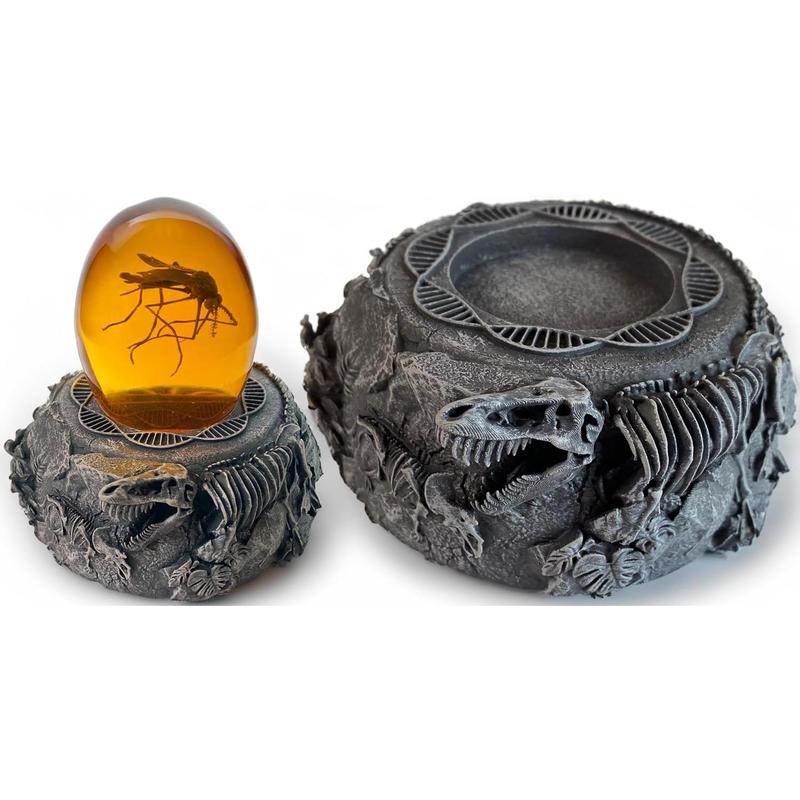 Jurassic Base Decor | Themed Paperweight | Resin Stand for Dinosaur Collectibles | Detailed Skeletons, DNA Motif & More | Mosquito in Amber | Fossil Figurines Replica