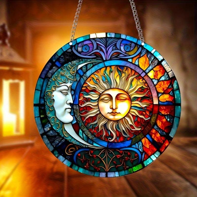 Vintage Sun & Moon Pattern Hanging Decor, Round Acrylic Painting, Hanging Decor for Home Garden & Party, Wall Decor, Home Decor